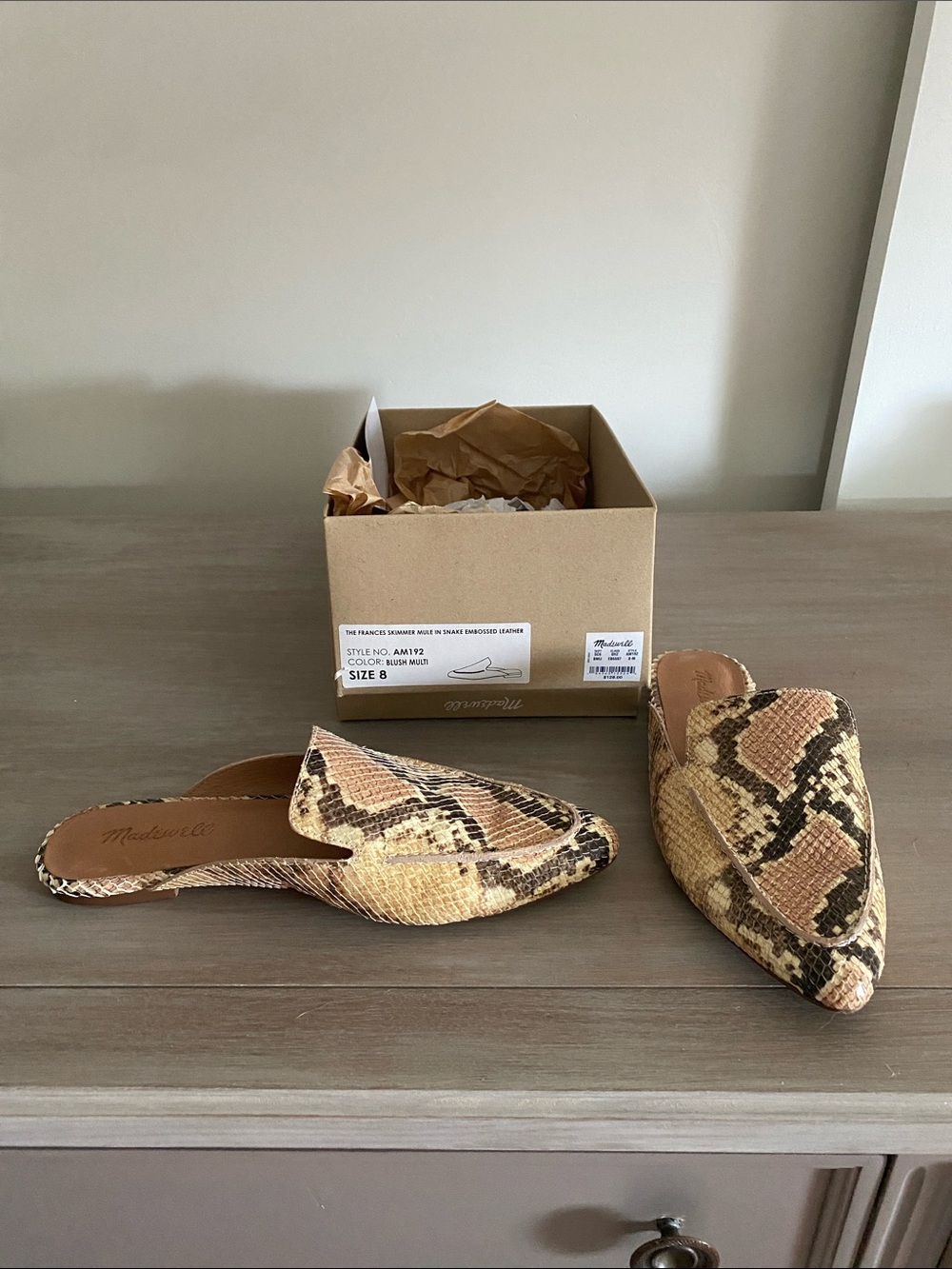 Madewell Faux Snake-Print Pointed Slip-On Mules in Tan and Brown